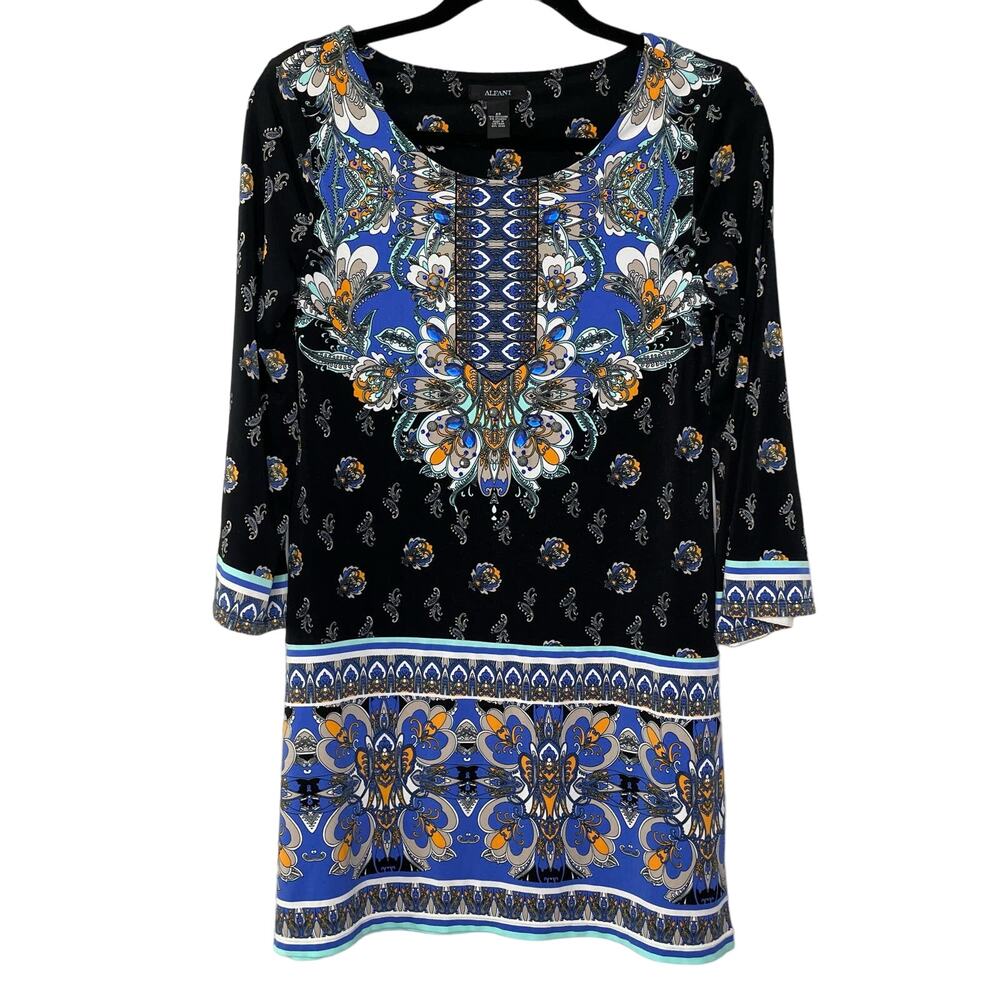 Alfani Boho Paisley Long Sleeve Scoop Neck Knee Length Dress Black Women's XS